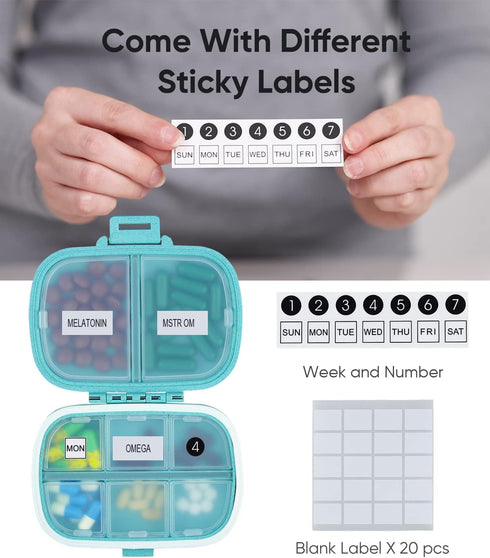 Holii Travel Pill Organizer, 8 Compartments Portable Pill Case, Daily Pill Box for Vitamins, Small Pill Container