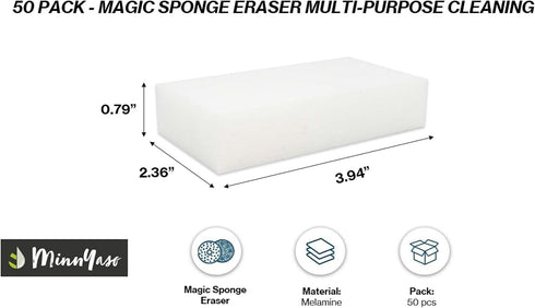 Magic Sponge Cleaning Eraser 3.94" x 2.36" x 0.79" | Multi-Purpose Household Cleaning | Magic Sponge Cleaning Eraser for Kitchen, Bathroom, Sink, Doors, Floors, Baseboard, Walls | 50 Pack by MinnYaso