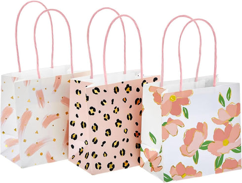 Sparkle and Bash Mini Gift Bags with Handles, 12-Pack, 5 x 5 x 3 in, Pink Floral & Animal Assortment for Party Favors