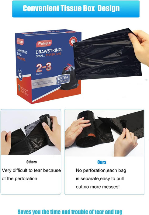 2-3 Gallon Drawstring Trash Bag, Small Garbage Bag Liner for 2-3 Gallon Trash Bin, Black