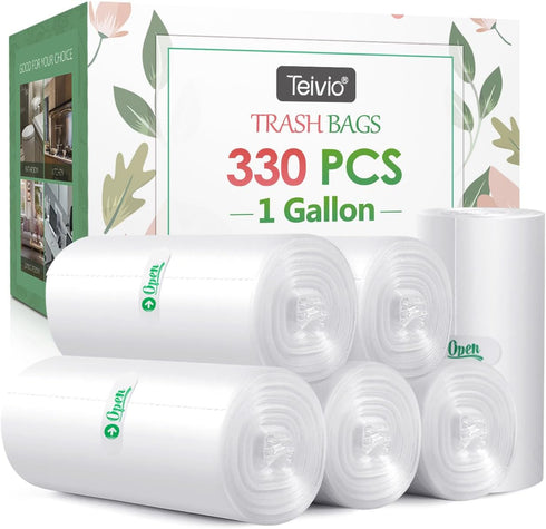 Teivio 1 Gallon Strong Trash Bags, 330 Counts, Clear Plastic Bin Liners for Bathroom, Home Office, Kitchen
