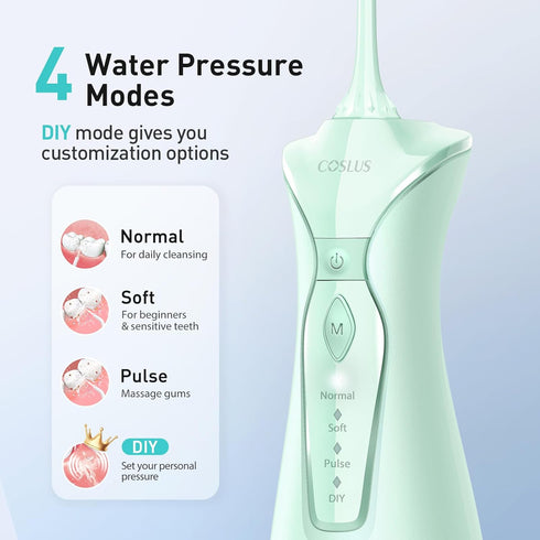 COSLUS Water Dental Flosser Pick, 4 Modes Cordless Portable 300ML Tank, IPX7 Waterproof for Home Travel