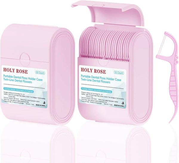 Holy Rose Pink Dental Floss Picks, 104 Count with 2 Travel Cases, Mint Flavored Oral Care Tool