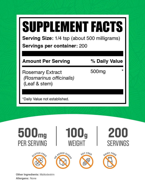 BulkSupplements.com Rosemary Extract Powder, Herbal Supplement, Gluten Free, 500mg per Serving, 100g