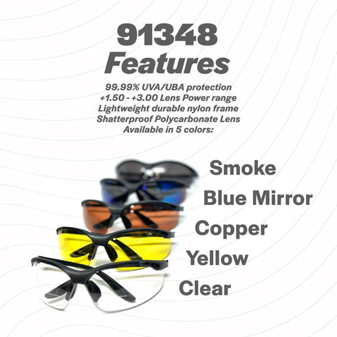Calabria 91348 Wrap Around Bifocal Reading Safety Glasses, Blue Mirror +2.50