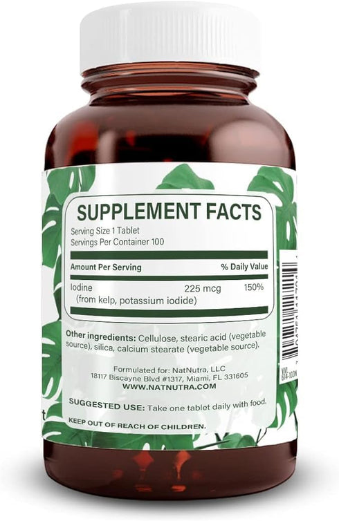 Natural Nutra Kelp Iodine Supplement, Helps Improve Brain Health, Strengthens Immune System, and Regulates Metabolism, Vegan Sea Kelp, Atlantic Sourced Seaweed Extract, 225 mcg, 100 Tablets