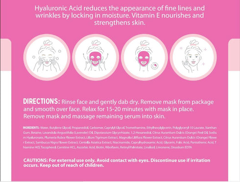 Hyaluronic Acid & Vitamin E Sheet Face Mask, Plumps & Moisturizes Skin, Cruelty Free Korean Skin Care