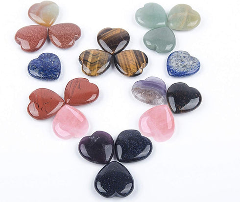 JIC Gem 20 pcs Mixed Crystal Heart Stones, Heart Shape Chakra Stones, 30mm Reiki Balancing Hand Carved
