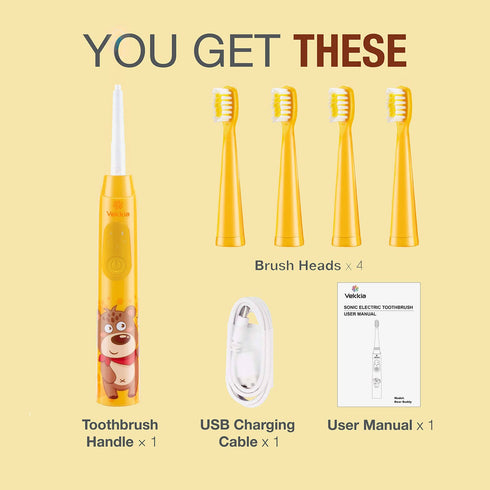Vekkia Sonic Rechargeable Kids Electric Toothbrush, 3 Modes, 24000 Strokes, IPX7 Waterproof, 2-Min Timer, Yellow