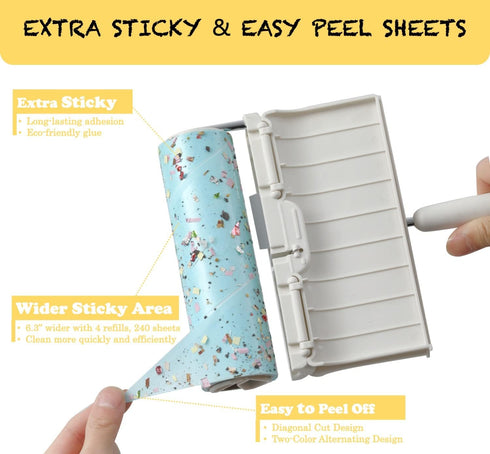 Large Surface Lint Roller with Extendable Long Handle, 6.3'' Wider, 240 Sheets for Cleaning Furniture, Carpet, Floor,