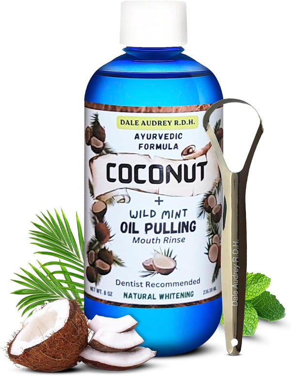 Coconut Pulling Oil for Teeth and Gums with Metal Tongue Scraper, Mint Coconut Oil Pulling, Alcohol Free