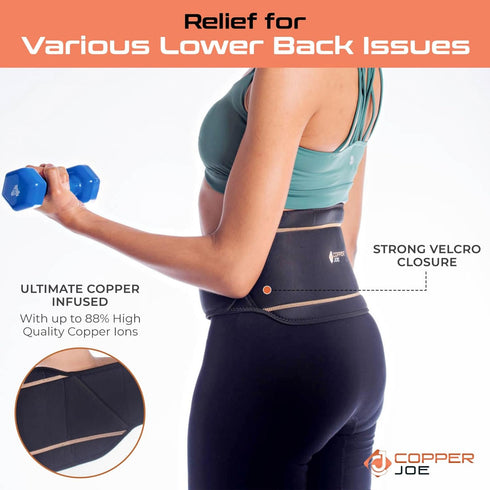Copper Joe Back Brace for Lower Back Pain Relief, Adjustable Black Velcro Lumbar Support Belt for Sciatica