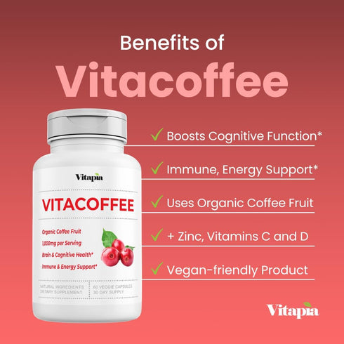 Vitacoffee Caffeine Pills - 60 Veggie Capsules - Coffee Fruit, Vitamin C, D, Zinc Gluconate - Energy, Memory, Focus,
