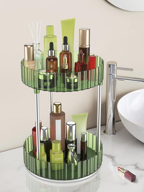 WNYT 360 Rotating Makeup Organizer, 2 Tiers, Acrylic Cosmetic Skincare Perfume Organizer, Green for Vanity Countertop