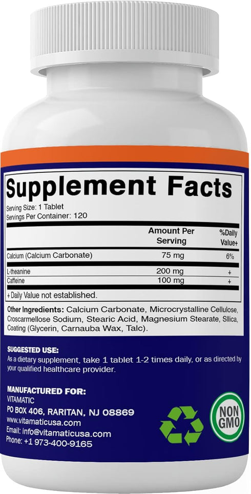 Vitamatic L-Theanine 200mg with Caffeine 100mg, 120 Vegetarian Tablets Nootropic Supplement for Focused Energy & Clarity