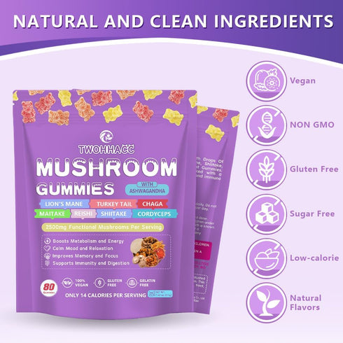 TWOHHACC Gummies Immune, Mushroom Supplement with Ashwagandha and Lions Mane, Maitake, Turkey Tail, Reishi, Chaga