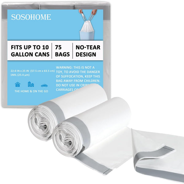 10 Gallon Drawstring Trash Bags, 1 Mil Thick White Garbage Bag, 75 Count for Office Kitchen