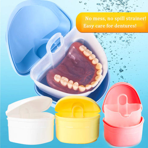 Denture Bath Box Cup, Complete Clean Care for Dentures, Clear Braces, Mouth Guard, Night Guard & Retainers