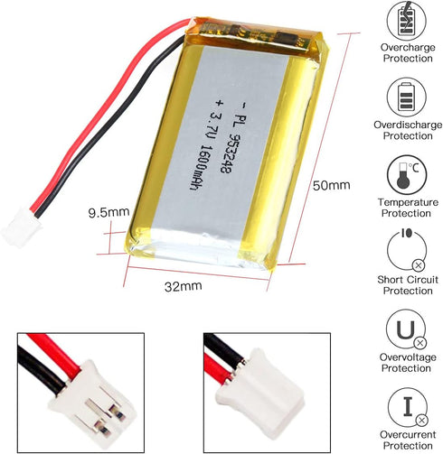 3.7V 1600mAh Lithium Polymer Ion Rechargeable Battery 953248 with 2P PH 2.0mm Pitch Connector