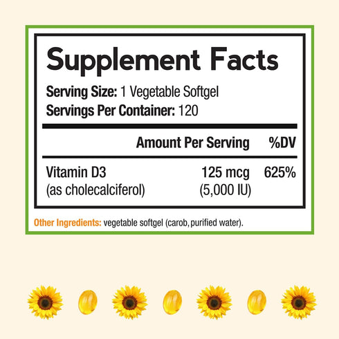 Doctor's Recipes Vitamin D3 5000IU, Immune Support for Bones, Teeth, and Muscle Function, Non-GMO, No Gelatin, Gluten or Soy, 120 Vegetarian Softgels