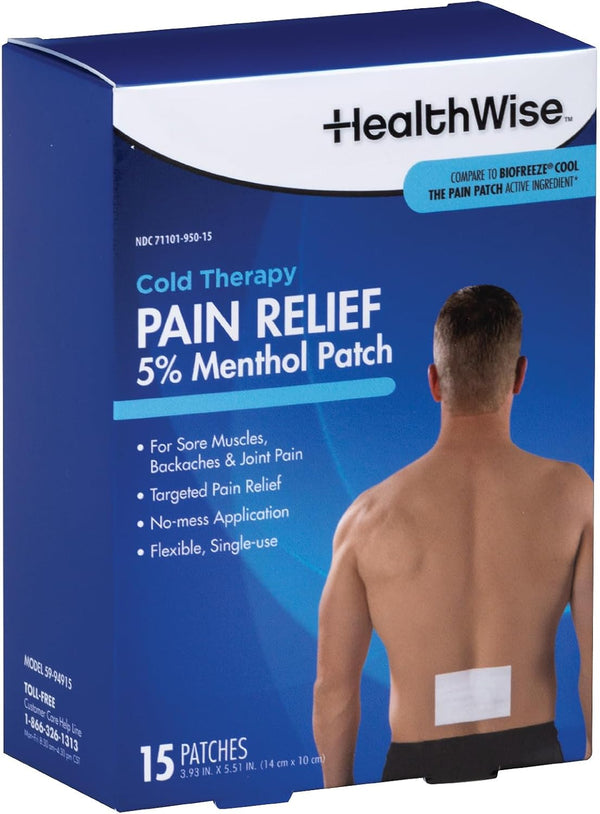 HealthWise Cold Therapy Menthol Pain Relief Patch | 5% Menthol | 15-Count | Soothes Minor Aches and Pains