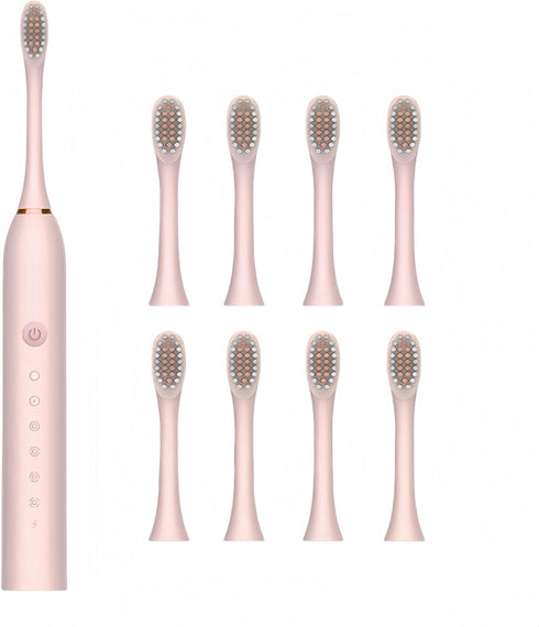 Electric Toothbrush for Women - USB Rechargeable Sonic Toothbrush with 8 Brush Heads, 6 Cleaning Modes (Pink)