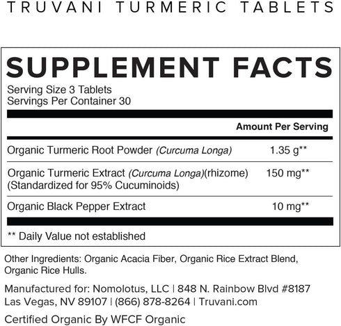 Truvani Organic Turmeric Curcumin Tablets 1,350 mg Each - Natural Joint Support with Black Pepper for Absorption - 90 Tablets