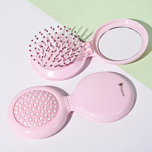 Mini Folding Hair Brush with Mirror, Compact Pop Up Pocket Brush, Small Travel Size Flip Hair Brush for Purse, Pink