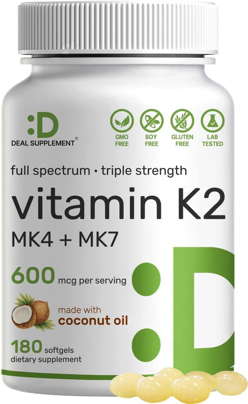 Vitamin K2 Supplement 600mcg, 180 Virgin Coconut Oil Softgels, Full Spectrum MK-7 & MK-4, Bone & Immune Support
