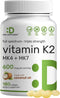 Vitamin K2 Supplement 600mcg, 180 Virgin Coconut Oil Softgels, Full Spectrum MK-7 & MK-4, Bone & Immune Support
