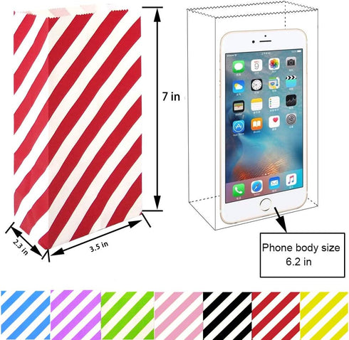 Red Striped Paper Bags, Mini Party Goody Bags for Kids Birthday Party Supplies (50 CT, 3.5×2.3×7 in)