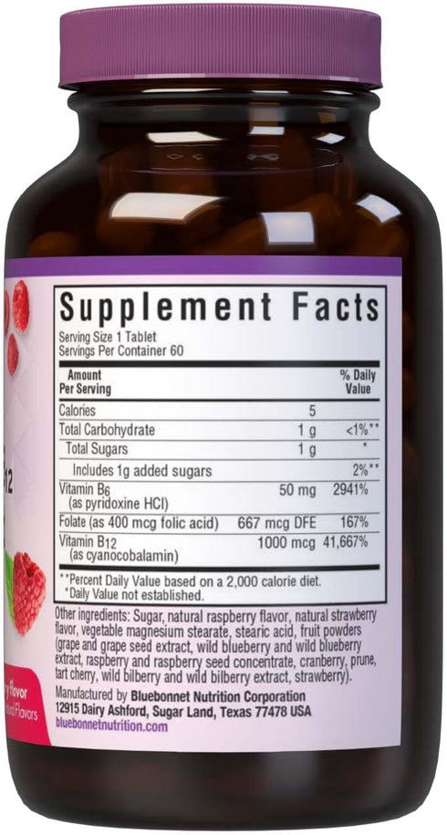 Bluebonnet Nutrition Earth Sweet Vitamin B6, B12, Plus Folic Acid Chewable Tablets, 60 Raspberry Flavor