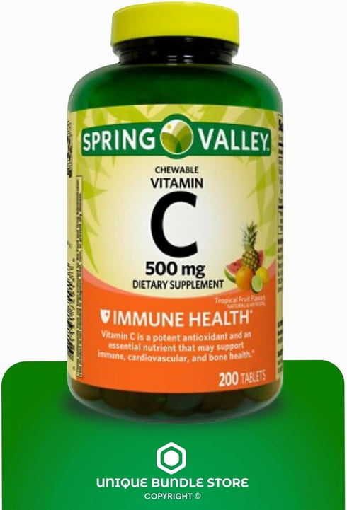 Spring Valley 500mg, 200 Count 7 (Pack 2) Vitamin C Tropical Fruit Flavor Tablets, Chewable Vitamin C, Dietary