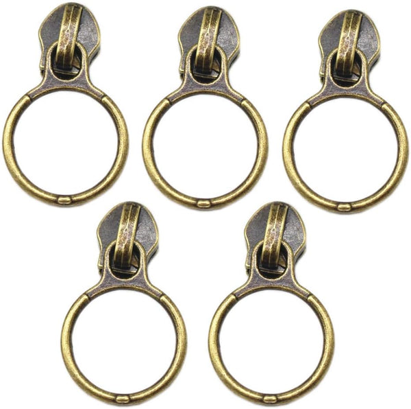YaHoGa 50PCS #5 Anti-Brass Ring Pulls, Antique Brass Zipper Sliders for Luggages Purses Bags, Bulk