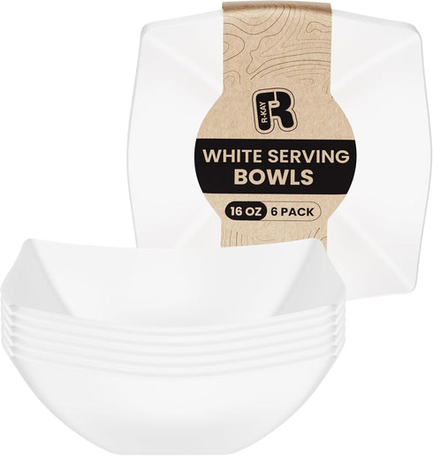 R-kay 6 Pack Square Plastic Serving Bowls, 16 Oz Disposable Heavy Duty White Bowls for Weddings, Catering