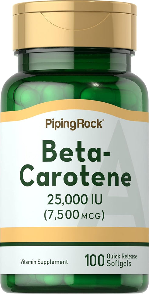 Piping Rock Beta Carotene 25000 IU Softgels, 100 Count, Vitamin A Supplement, Non-GMO, Gluten Free