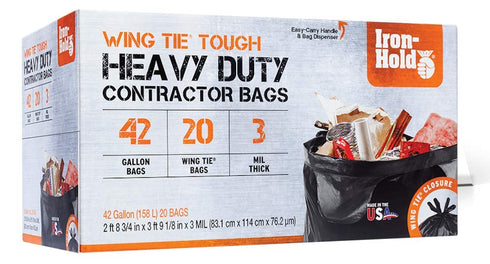 Contractor Trash Bags - 42 Gallon, 20 Bags, Heavy Duty Industrial Strength, Wing Tie Closure, 3 MIL Thick, Black