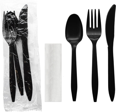 Party Essentials Individually Wrapped Plastic Cutlery Packets, 50 Sets of Black Forks, Spoons, Knives, Napkins