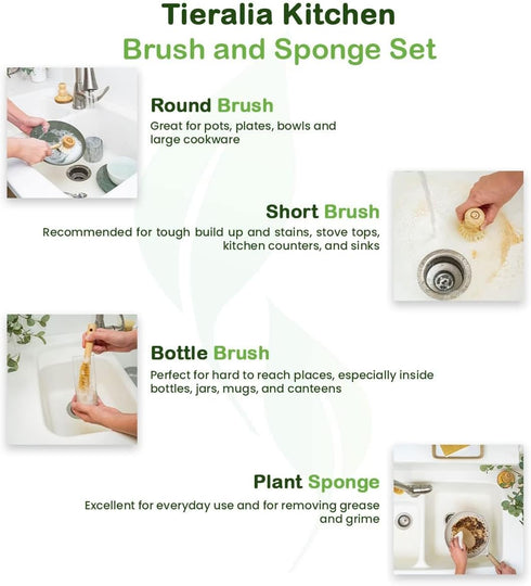 Set 5-Piece Set 2 Tieralia Bamboo Dish Brush Gift Kitchen Cleaning with Bottle Brush, Round Scrub Brush, Palm Brush