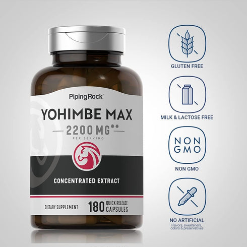 Piping Rock Yohimbe Extract for Men | 2200 mg | 180 Capsules | Max Concentrated Extract, Non-GMO, Gluten Free