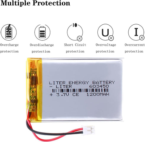 Liter 3.7V 1200mAh 603450 Rechargeable Lipo Battery Pack with JST 2.0mm Connector