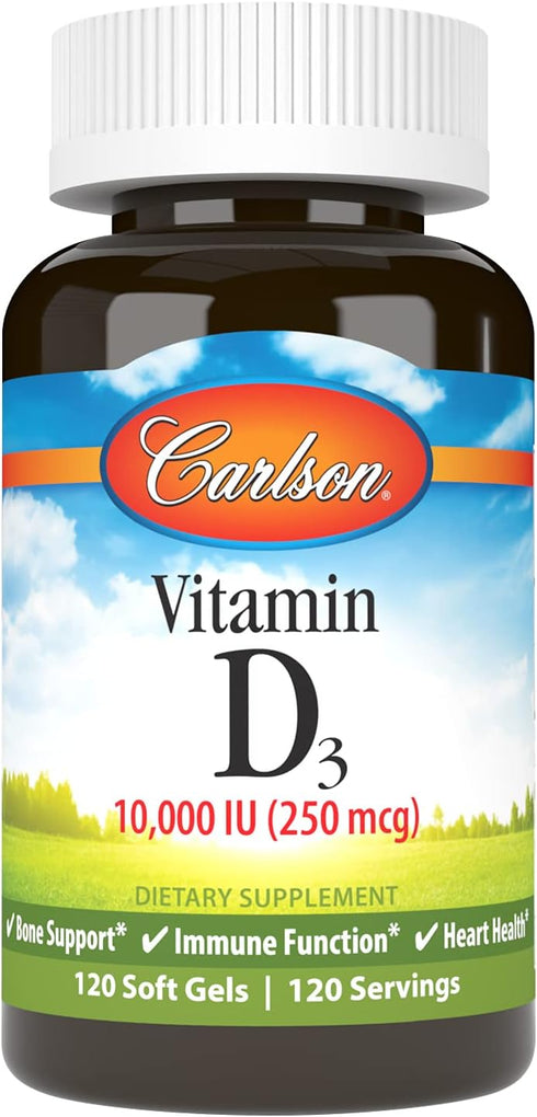 Carlson Vitamin D3 10000 IU (250 mcg) Softgels, 120 Softgels for Bone & Immune Support, Gluten Free