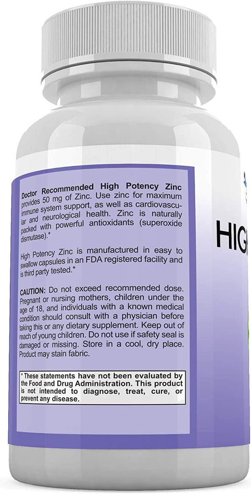Zinc 50mg Picolinate Supplement | 120 Veggie Capsules for Adults and Kids | Well-Absorbed High Potency Pure Zinc - 50mg
