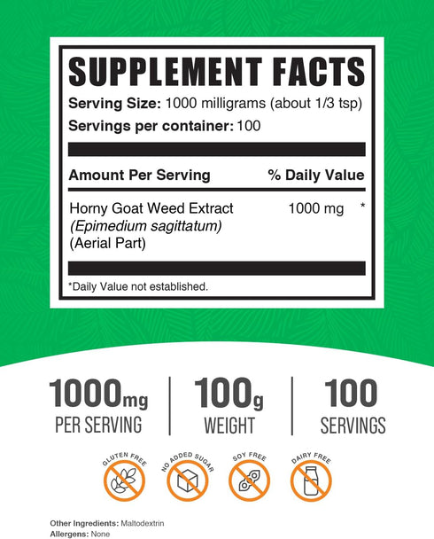 BulkSupplements.com Horny Goat Weed Extract - Epimedium Extract, Horny Goat Weed Herbal Supplements, Horny Goat Weed Powder- Gluten Free, 1000mg per Serving, 100g (3.5 oz) (Pack of 1)