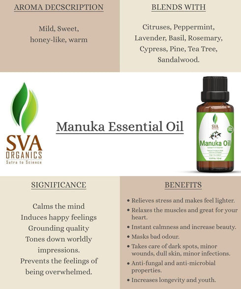 SVA Organics 10 ml Manuka Essential Oil, Pure Natural Undiluted Oil for Skin, Face, Nails, Body Care & Aromatherapy