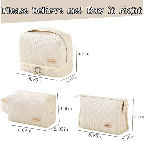 Cute Waterproof Leather Cosmetic Bag Set of 3, Travel Makeup Organizer with Handle & Zipper, Off-white Color