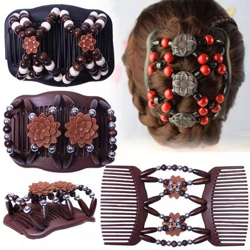 LOVEF Women Magic Hair Combs, Wood Beaded Stretch Double Side Combs Clips, Bun Maker Hair Accessories (Coffee)