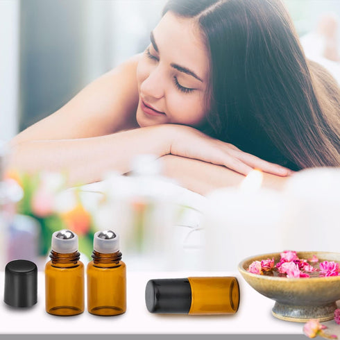 ZEJIA 2ML Essential Oil Roller Bottles, 24 Pack Amber Mini Glass Roll on Bottles with Stainless Steel Roller Balls