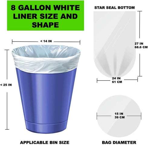 8 Gallon Medium Trash Bags, White Kitchen Garbage Bags, Plastic Wastebasket Liners for Home and Office Bins, 220 Count