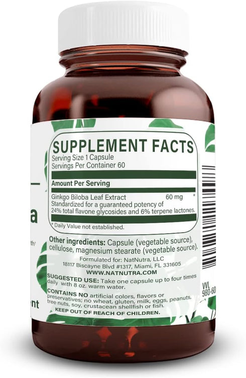 Natural Nutra Ginkgo Biloba Capsules, 60 Count, Vegan, Gluten Free, Improves Brain Function and Circulation